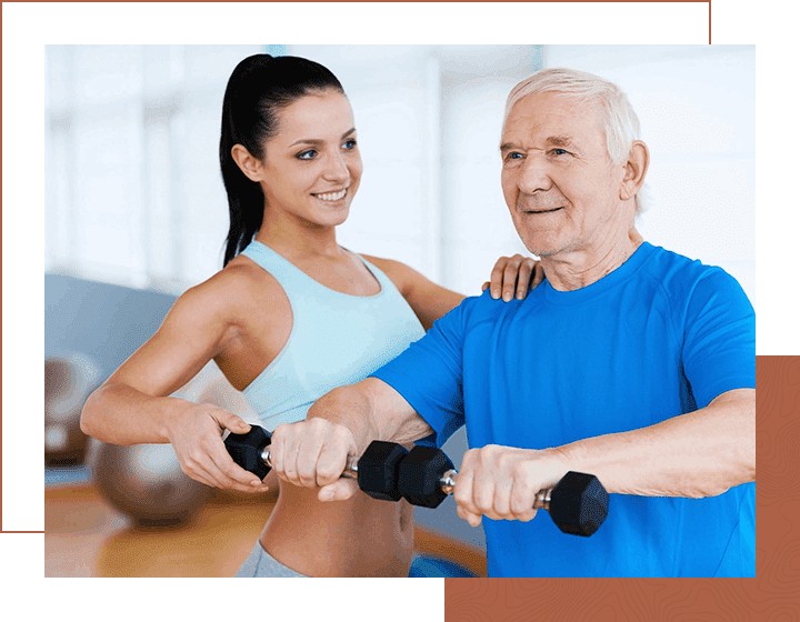 Confident female physical therapist helping senior man with fitness in health club